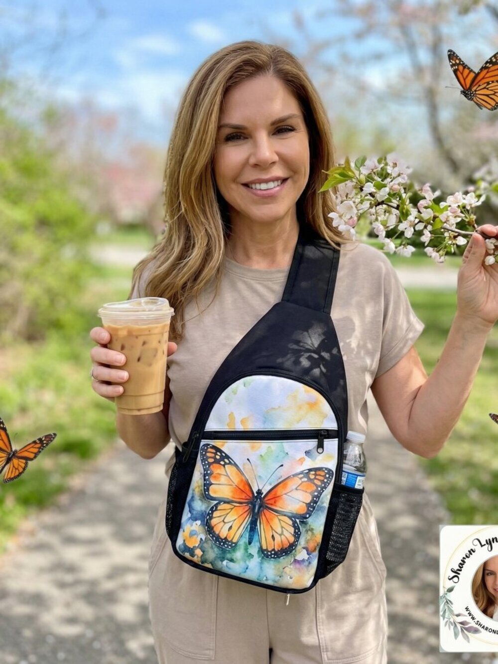 🦋 Black Butterfly Sling Backpack – Watercolor Graphic Crossbody Bag